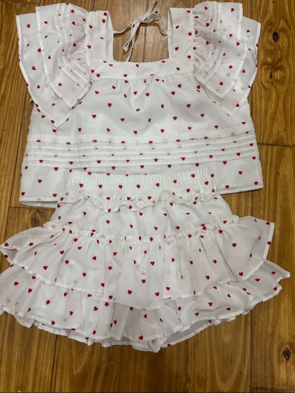 Cake For Dinner Matching Set White Ruffles w/Red Hearts XS Top & Small Skirt